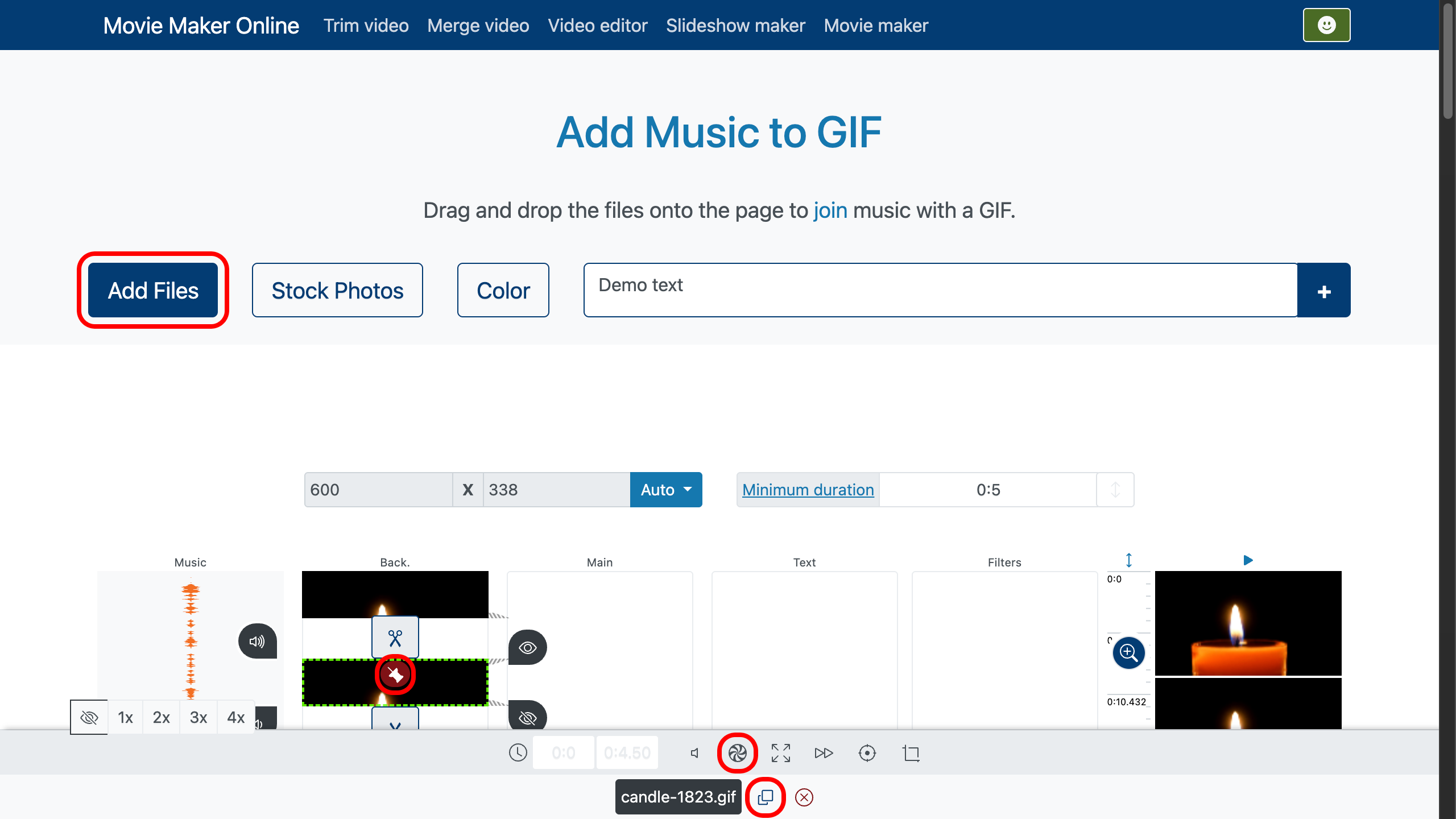 Añadir música a gif - subir archivos, configurar transiciones